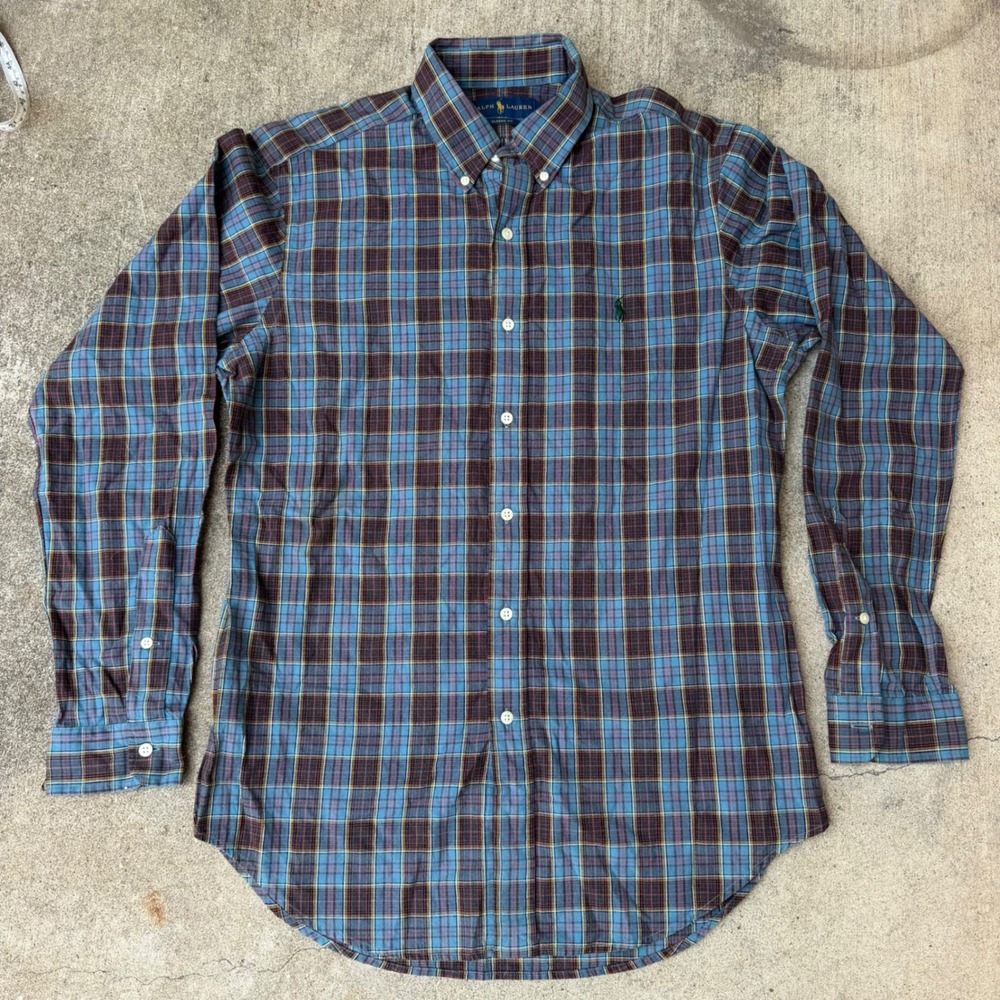 Ralph Lauren Mens Classic Fit Plaid Button Down Shirt Blue Brown Cotton Medium